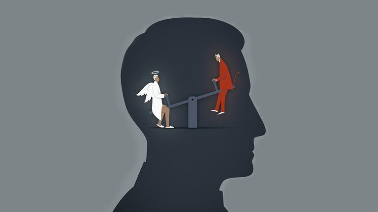 Eine Illustration zeigt einen Männerkopf als Scherenschnitt, in dem Engel und Teufel auf einer Wippe sitzen. Eine Illustration zeigt einen Männerkopf als Scherenschnitt, in dem Engel und Teufel auf einer Wippe sitzen.