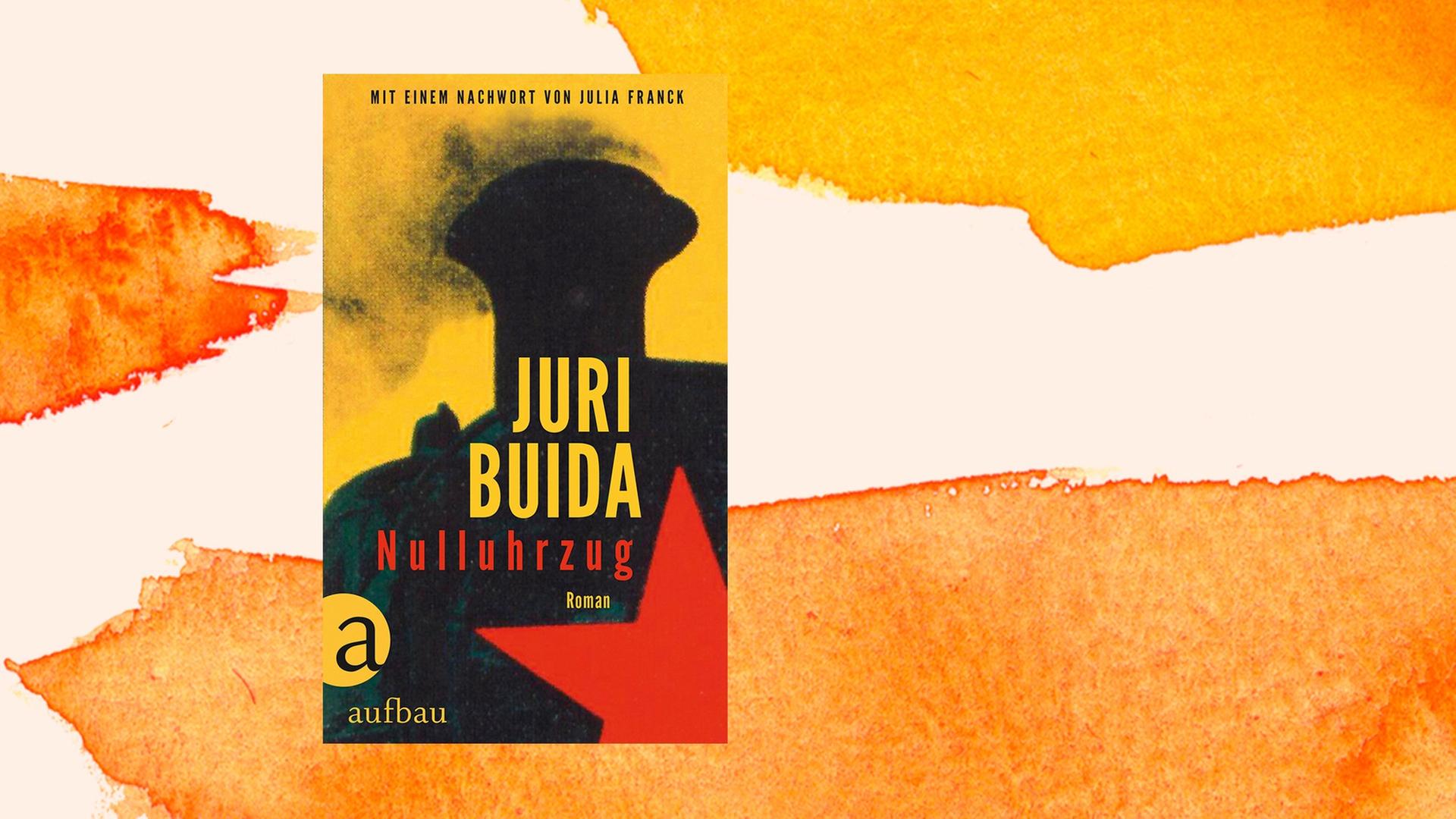 Cover des Buchs "Nulluhrzug" von Juri Buida vor einem orangfarbenen Aquarellhintergrund