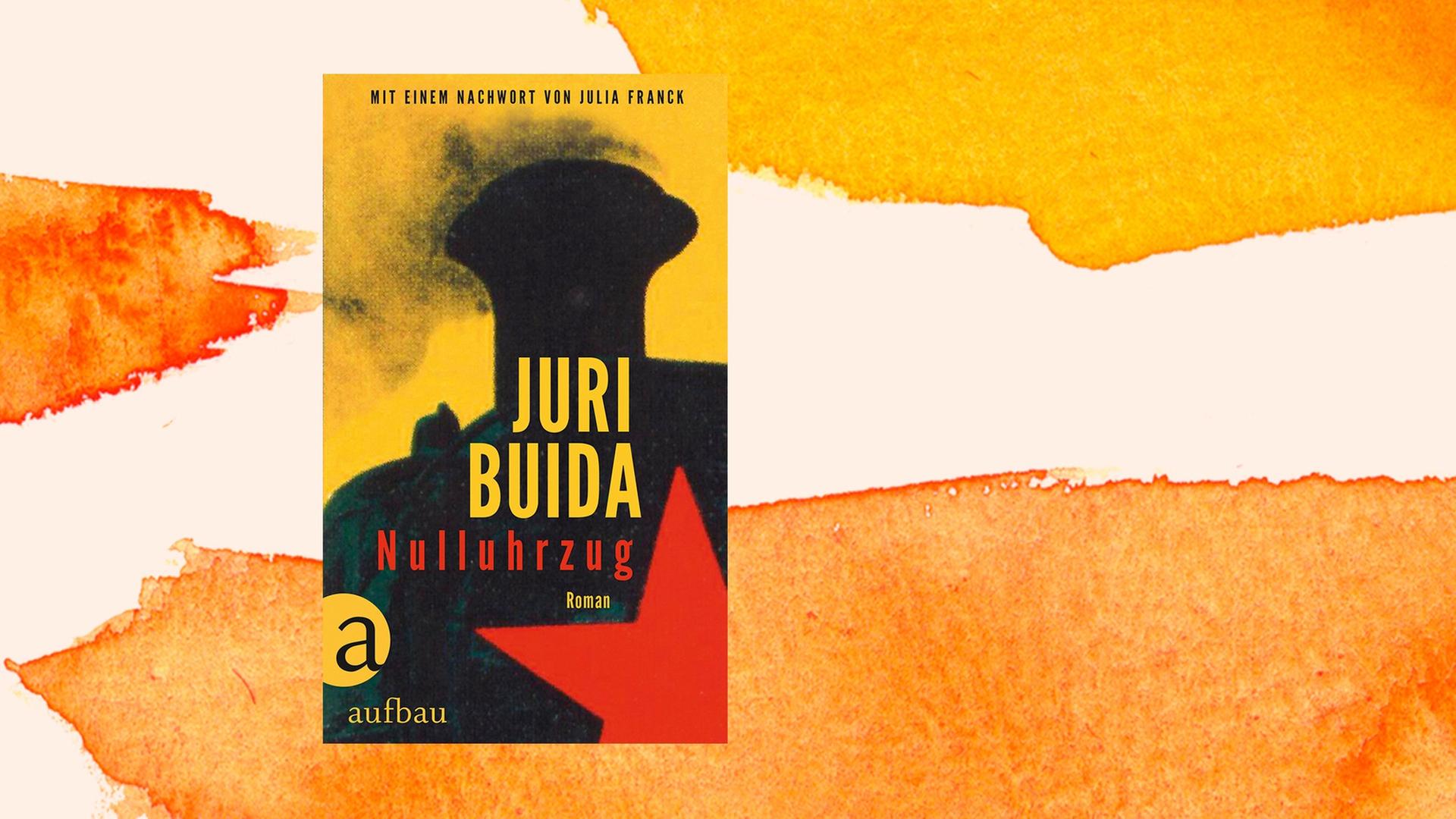 Cover des Buchs "Nulluhrzug" von Juri Buida vor einem orangfarbenen Aquarellhintergrund Cover des Buchs "Nulluhrzug" von Juri Buida vor einem orangfarbenen Aquarellhintergrund