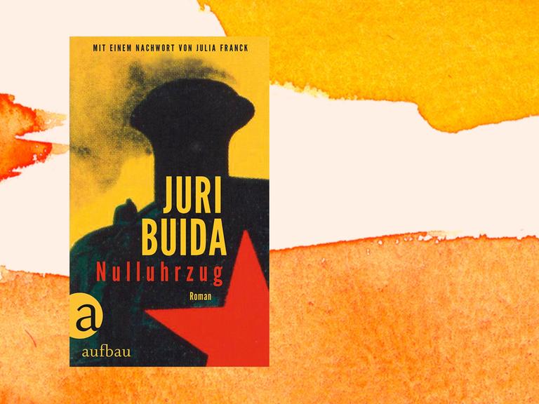 Cover des Buchs "Nulluhrzug" von Juri Buida vor einem orangfarbenen Aquarellhintergrund