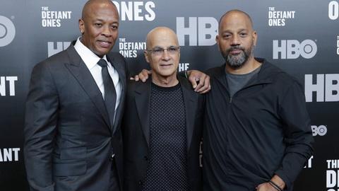 Dr. Dre, Jimmy Iovine and Allen Hughes arrives on the red carpet at The Defiant Ones premiere at Time Warner Center on June 27, 2017 in New York City.