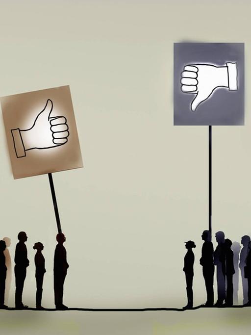 Zwei Menschenmengen halten Plakate mit "Likes" und "Dislikes".