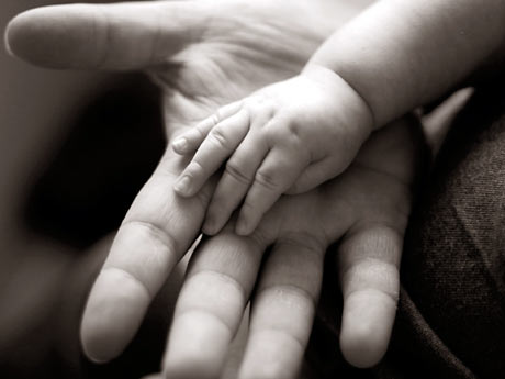 Eine Kinderhand in einer Erwachsenenhand Eine Kinderhand in einer Erwachsenenhand