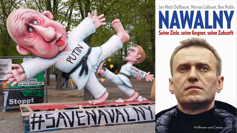 Buchcover von "Nawalny. Seine Ziele, seine Gegner, seine Zukunft" vor einer Instalation, die Putin und Nawalny zeigt Buchcover von "Nawalny. Seine Ziele, seine Gegner, seine Zukunft" vor einer Instalation, die Putin und Nawalny zeigt