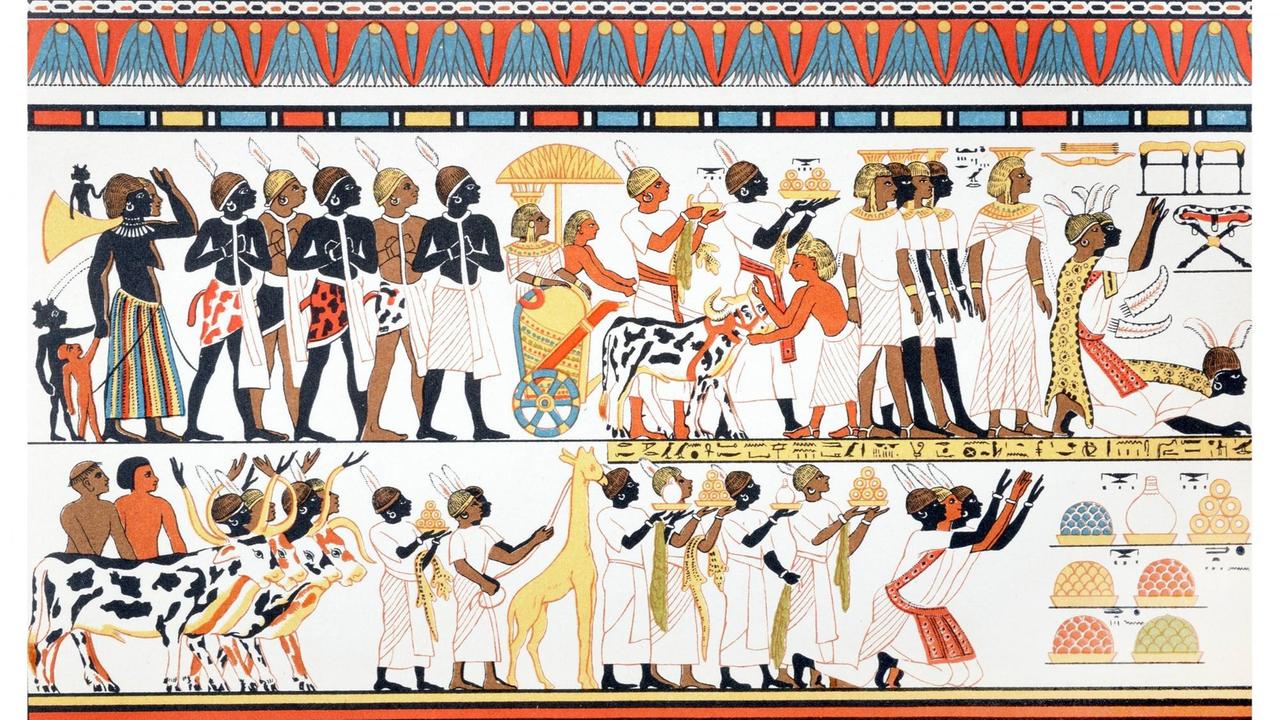 Altägyptische Malerei, Illustration aus Meyers Konversationslexikon von 1897 Auf dem Wandgemälde sind Menschen in drei verschiedenen Hautfarben abgebildet, möglicherweise Angehörige verschiedener Ethnien 