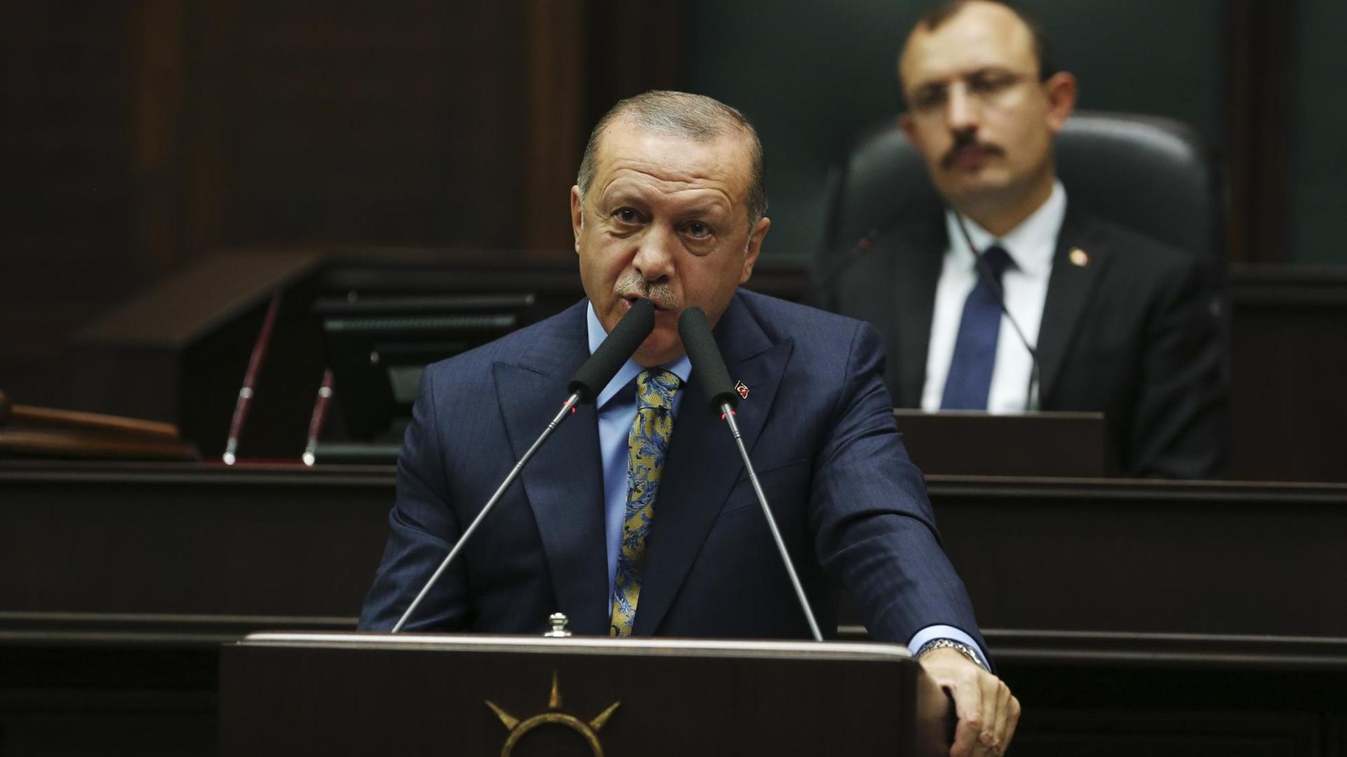 Der türkische Präsident Erdogan spricht hinter einem Pult stehend vor dem Parlament in Ankara.