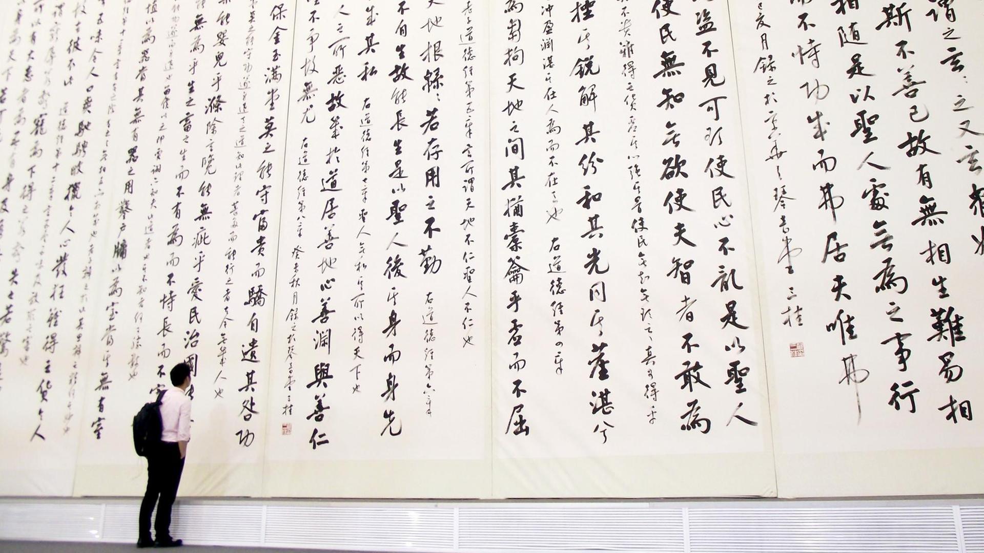 Ein Besucher steht vor der weltgrößten Kalligrafie des Daodejing von Laozi des chinesischen Kalligrafen Luo Sangui - 10 Meter hoch und 100 Meter lang, aufgenommen 2014 auf der Grand Art Exhibition in Nanjing Ein Besucher steht vor der weltgrößten Kalligrafie des Daodejing von Laozi des chinesischen Kalligrafen Luo Sangui - 10 Meter hoch und 100 Meter lang, aufgenommen 2014 auf der Grand Art Exhibition in Nanjing