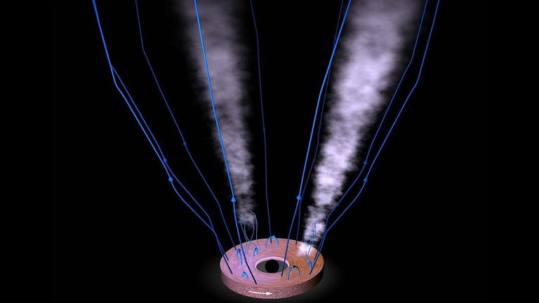 Künstlerische Darstellung der Vorgänge in der Akkretionsscheibe von M 87, die zur Entstehung des Materiejets führen Künstlerische Darstellung der Vorgänge in der Akkretionsscheibe von M 87, die zur Entstehung des Materiejets führen