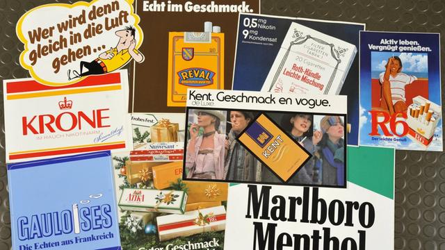 Werbeaufkleber für Zigaretten in den 70-er Jahren von HB, Krone, Gauloises, Reval, R6, Marlboro Menthol, Kent und Peter Stuyvesant