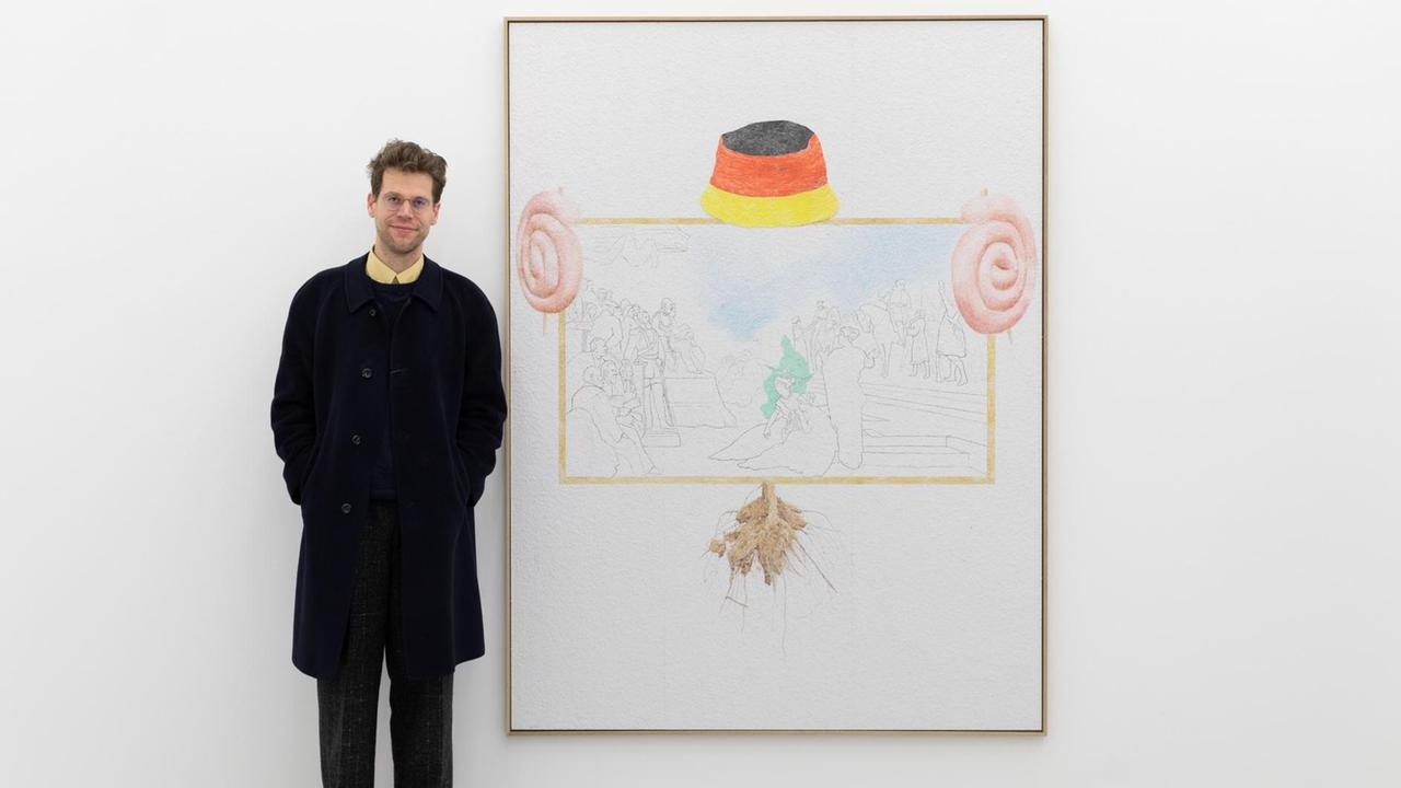 Der Künstler Alex Wissel steht vor einem Bild in seiner Ausstellung "Thymostraining" in der Sammlung Philara in Düsseldorf. Der Künstler Alex Wissel steht vor einem Bild in seiner Ausstellung "Thymostraining" in der Sammlung Philara in Düsseldorf.