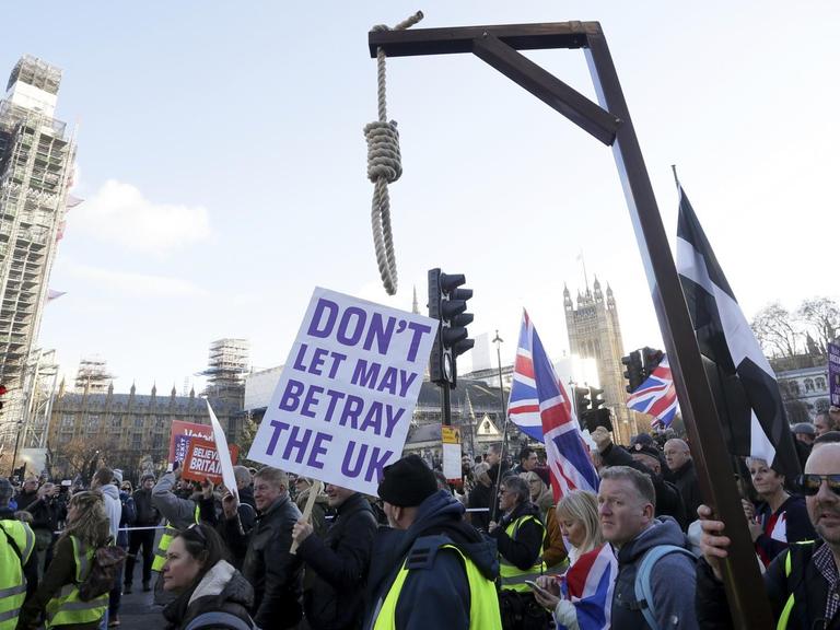 Demonstranten sehen sich um den Brexit betrogen und haben neben Flaggen und Schildern einen Galgen mitgebracht.