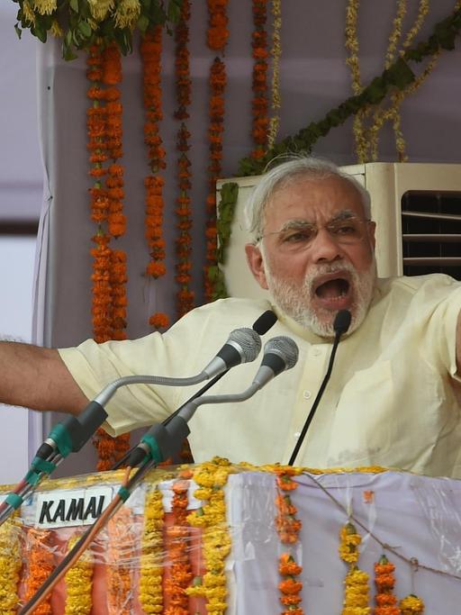 Der indische Premier Narendra Modi gestikuliert während einer Rede.