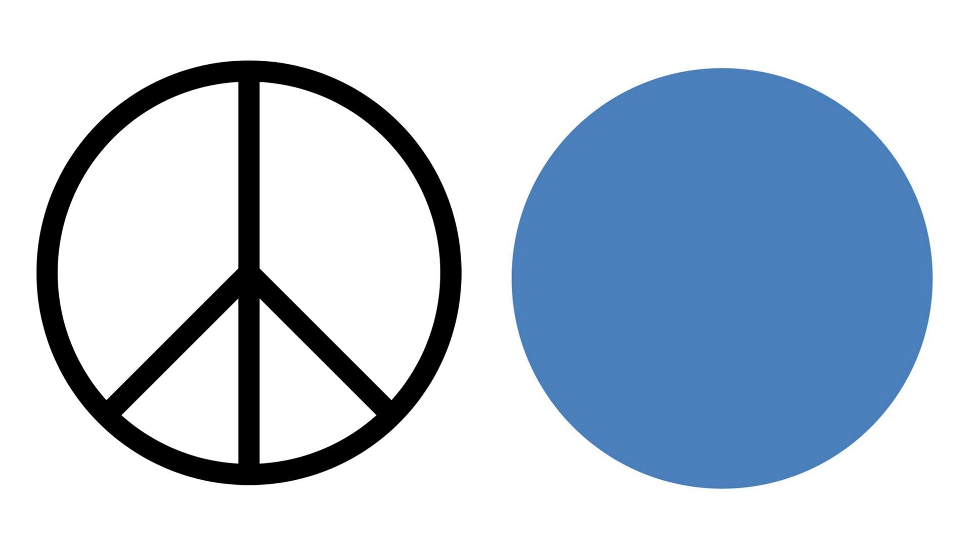 Rechts: der Gewinner-Entwurf des Frankfurter-Schirn-Wettbewerbs für ein neues Peace-Zeichen: ein blauer Punkt. Links: das alte Symbol von 1958