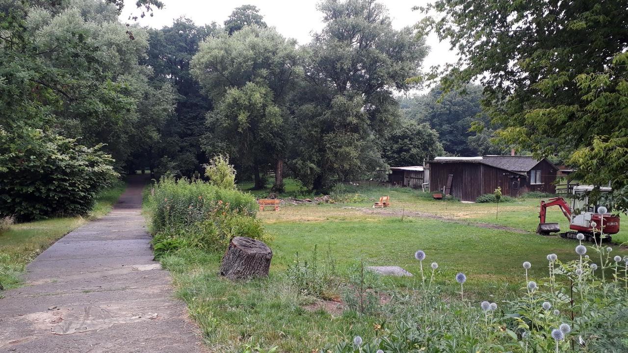 Ansicht des Grundstücks am Seeufer mit viel Grün und kleinen Holzhütten. Ansicht des Grundstücks am Seeufer mit viel Grün und kleinen Holzhütten.