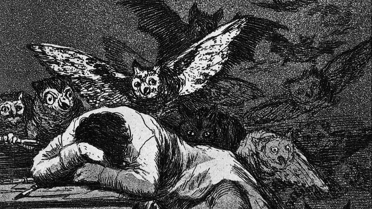 Das Bild "Schlaf der Vernunft" von Francisco Goya zeigt einen schlafenden Mann, über dem dunkle Fledermausgestalten fliegen. Das Bild "Schlaf der Vernunft" von Francisco Goya zeigt einen schlafenden Mann, über dem dunkle Fledermausgestalten fliegen.