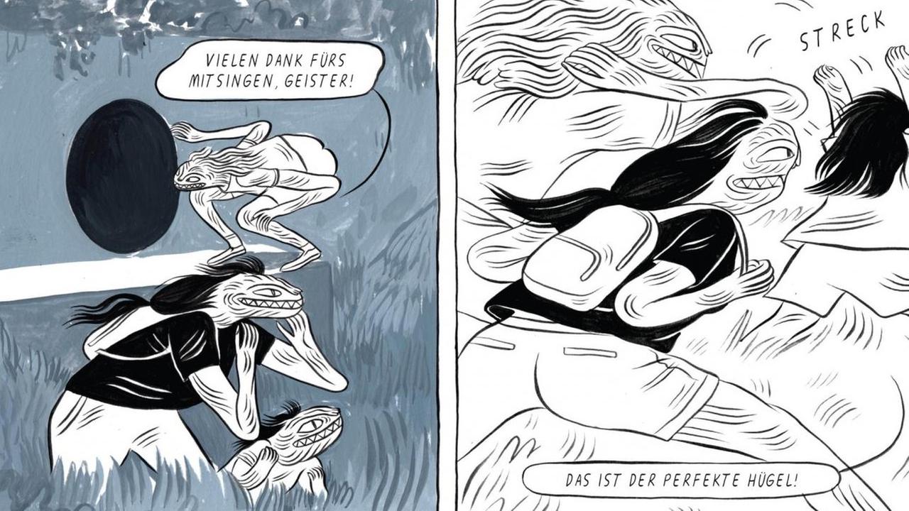 Ausschnitt aus der Graphic Novel "Steinfrucht" von Lee Lai: Figuren, die wie Mischwesen aus Mensch und Tier erscheinen, sind in einem Park unterwegs. Ausschnitt aus der Graphic Novel "Steinfrucht" von Lee Lai: Figuren, die wie Mischwesen aus Mensch und Tier erscheinen, sind in einem Park unterwegs.