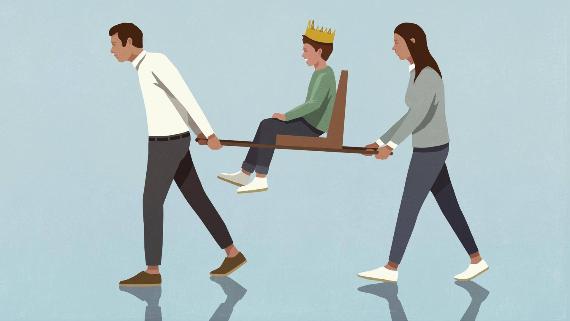 Eine Illustration zeigt einen Mann und eine Frau, die einen Jungen mit Krone in einem Stuhl mit Griffen tragen. Eine Illustration zeigt einen Mann und eine Frau, die einen Jungen mit Krone in einem Stuhl mit Griffen tragen.