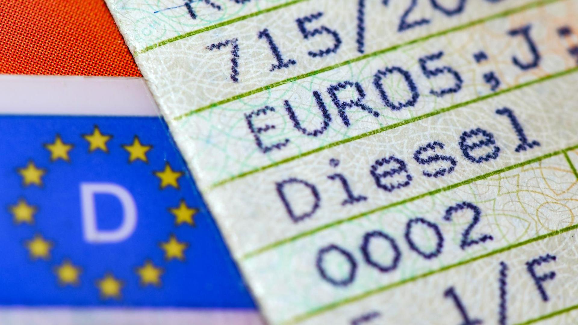 Der Vermerk "Euro 5" und "Diesel" in einer Zulassung eines Pkw vom Typ VW. Der Vermerk "Euro 5" und "Diesel" in einer Zulassung eines Pkw vom Typ VW.