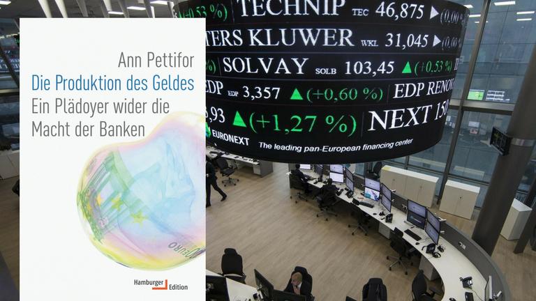 Buchcover: "Die Produktion des Geldes", Hamburger Edition. Hintergrundbild: Die französische Marktbörse Euronext in Courbevoie, nahe Paris im Oktober 2015 Buchcover: "Die Produktion des Geldes", Hamburger Edition. Hintergrundbild: Die französische Marktbörse Euronext in Courbevoie, nahe Paris im Oktober 2015