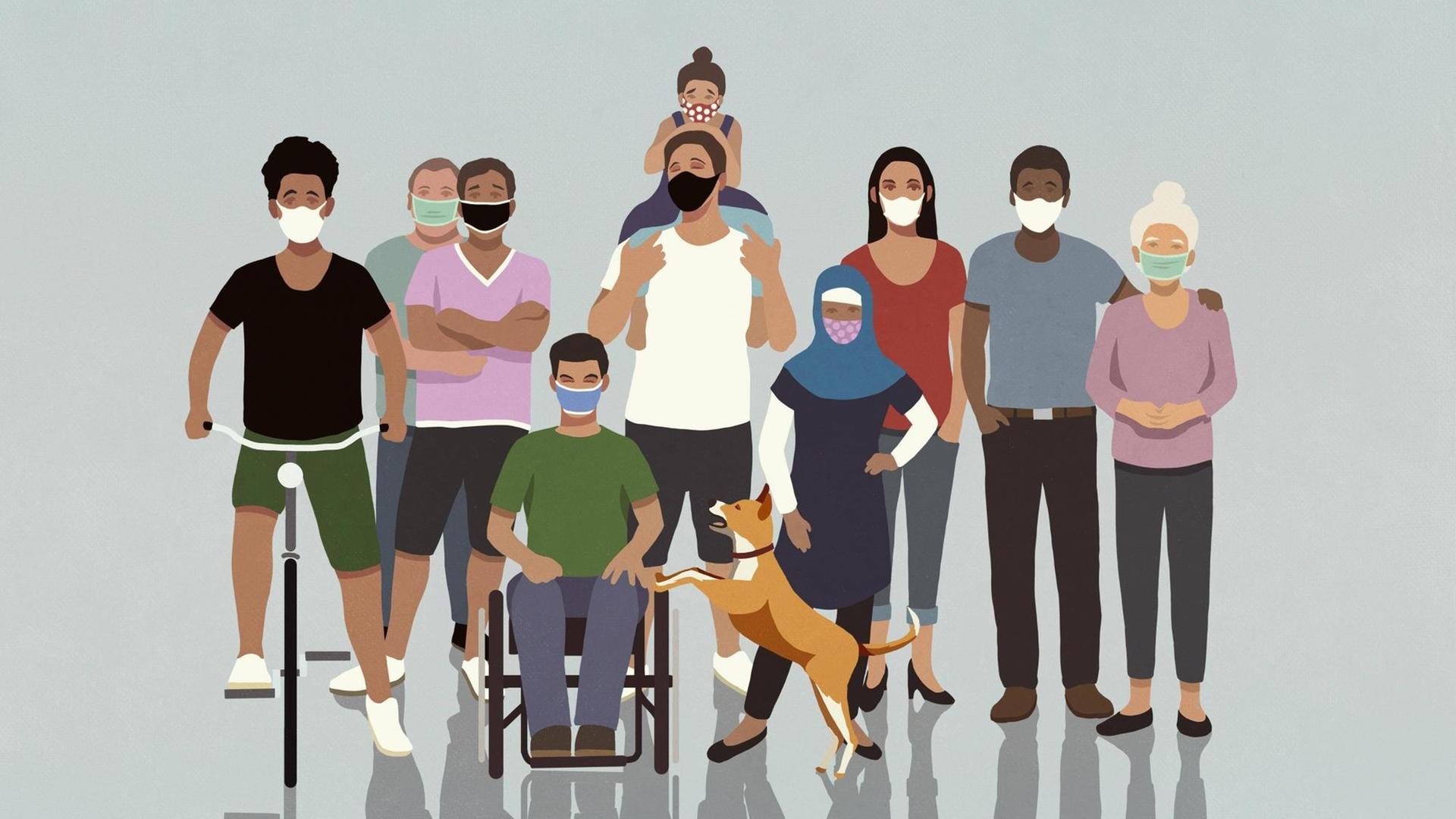 Gruppenbild unterschiedlicher Menschen mit Masken. (Illustration) Gruppenbild unterschiedlicher Menschen mit Masken. (Illustration)