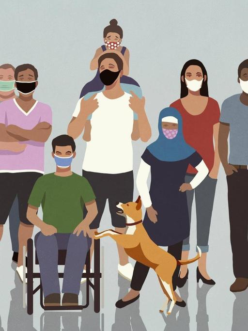 Gruppenbild unterschiedlicher Menschen mit Masken. (Illustration)