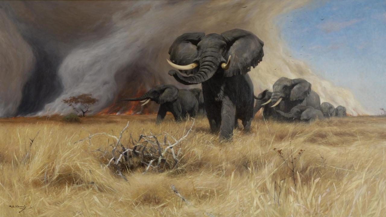 Ein Gemälde auf dem mehrere Elefanten zu sehen sind, die vor einem Band in der Savanne fliehen.