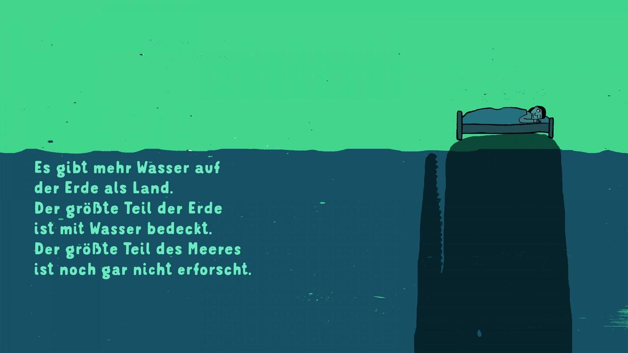 Eine Illustration mit einem Wal, auf dem ein Bett steht. Der untere Teil ist blau, der obere grünlich. Eine Illustration mit einem Wal, auf dem ein Bett steht. Der untere Teil ist blau, der obere grünlich.
