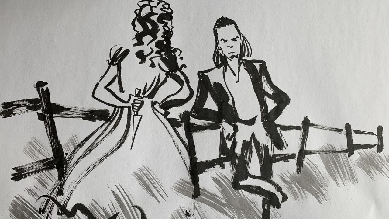 Zur Musik von Nick Caves Song "Henry Lee" hat Reinhard Kleist live dieses Bild gezeichnet. Es zeigt natürlich Nick Cave, und eine ihm zugewandte Frau, die das Messer hinterm Rücken versteckt.