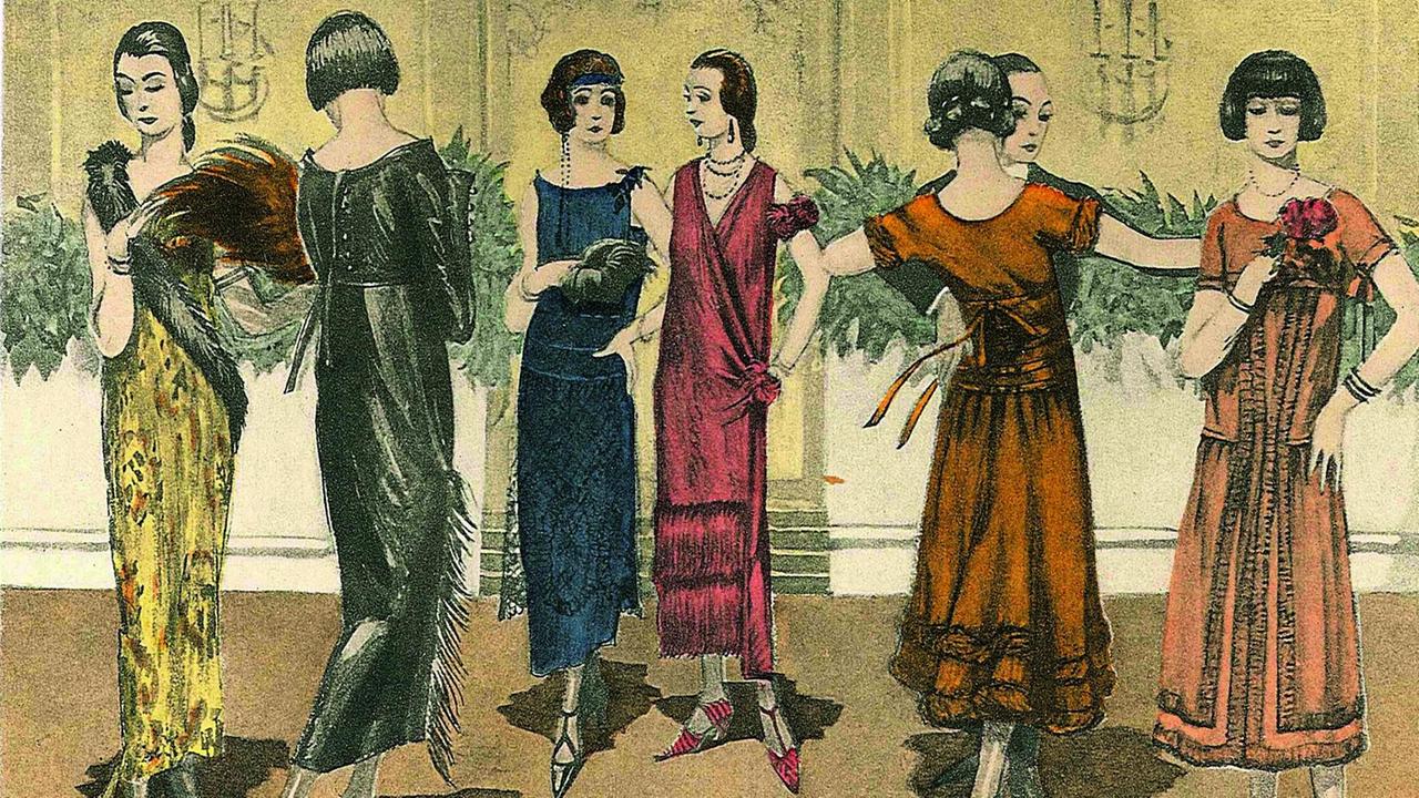 Diese Modezeichnung aus dem "Bazar" zeigt mehrere Frauen im "Berliner Chic" der 20er-Jahre.