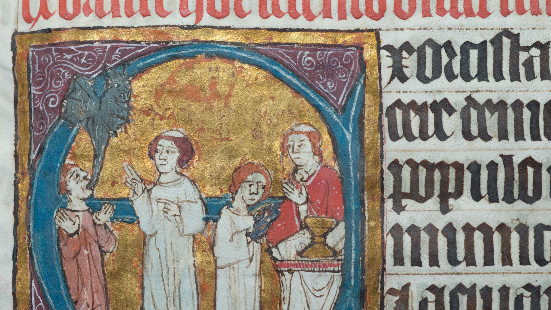 Diese Zierinitiale als Deckfarbenmalerei mit Gold zeigt eine Teufelsaustreibung, aufgenommen in Stralsund in einer Handschrift mit dem Titel Liber ordinarius (= Regelungen für liturgische Handlungen) aus dem 15. Jahrhundert Diese Zierinitiale als Deckfarbenmalerei mit Gold zeigt eine Teufelsaustreibung, aufgenommen in Stralsund in einer Handschrift mit dem Titel Liber ordinarius (= Regelungen für liturgische Handlungen) aus dem 15. Jahrhundert