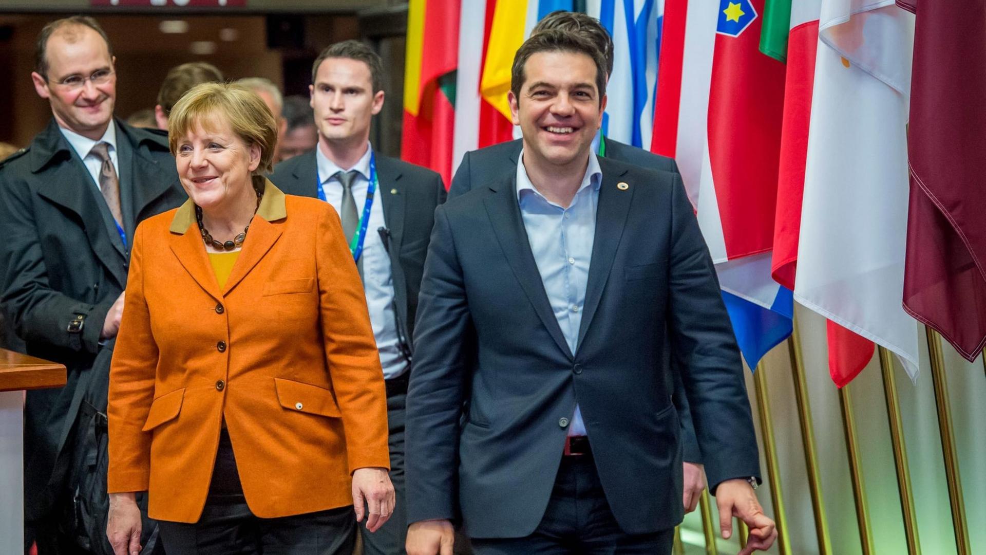 Bundeskanzlerin Merkel und der griechische Minsterpräsident Tsipras nach dem Gipfel in Brüssel Bundeskanzlerin Merkel und der griechische Minsterpräsident Tsipras nach dem Gipfel in Brüssel