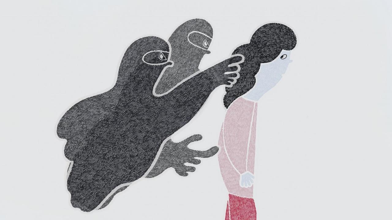 Illustration einer erschrockenen Frau, die nach hinten blickend, von zwei maskierte Figuren verfolgt wird. Illustration einer erschrockenen Frau, die nach hinten blickend, von zwei maskierte Figuren verfolgt wird.