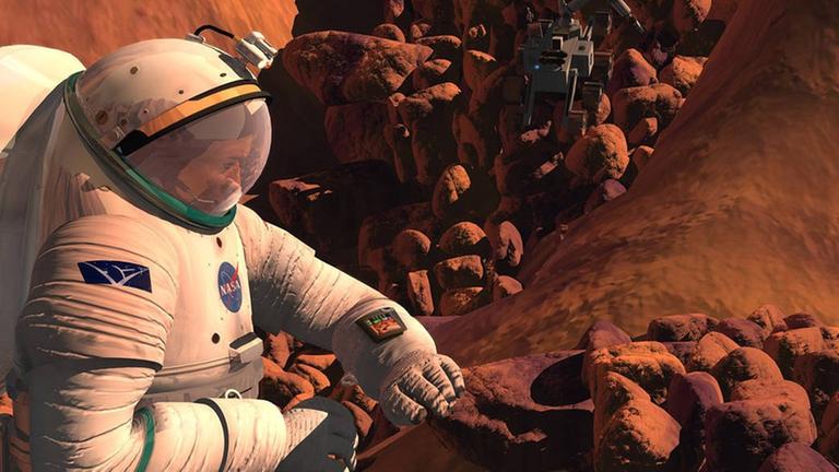 Illustration auf eines Astronauten, der Steine auf dem Mars sammelt. Illustration auf eines Astronauten, der Steine auf dem Mars sammelt.