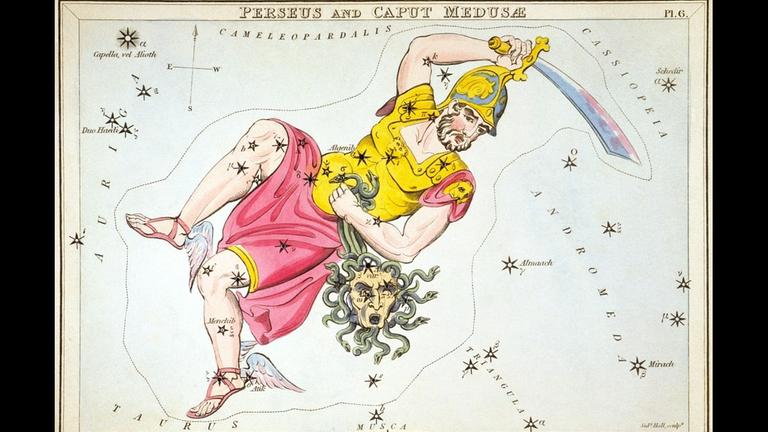Historische Darstellung des Perseus, der das abgeschlagene Haupt der Medusa in seiner Hand hält; der Stern Algol markiert eines der beiden Augen dieser Gorgone mit dem versteinernden Blick Historische Darstellung des Perseus, der das abgeschlagene Haupt der Medusa in seiner Hand hält; der Stern Algol markiert eines der beiden Augen dieser Gorgone mit dem versteinernden Blick