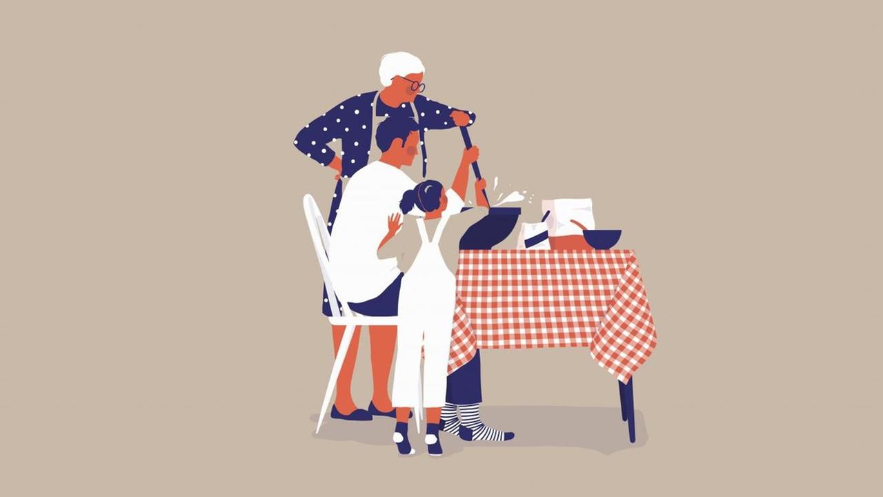 Eine Illustration zeigt drei Generationen rühren an einem stilisierten Küchentisch, die gemeinsam einen Pudding umrühren. Eine Illustration zeigt drei Generationen rühren an einem stilisierten Küchentisch, die gemeinsam einen Pudding umrühren.