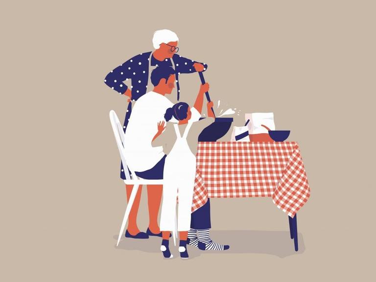 Eine Illustration zeigt drei Generationen rühren an einem stilisierten Küchentisch, die gemeinsam einen Pudding umrühren.