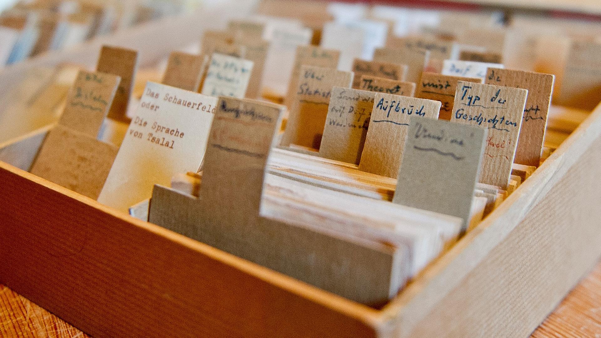 Eine Box mit Notizen des Schriftstellers Arno Schmidt, steht am 08.01.2014 in seinem ehemaligen Haus in Bargfeld (Niedersachsen). Eine Box mit Notizen des Schriftstellers Arno Schmidt, steht am 08.01.2014 in seinem ehemaligen Haus in Bargfeld (Niedersachsen).