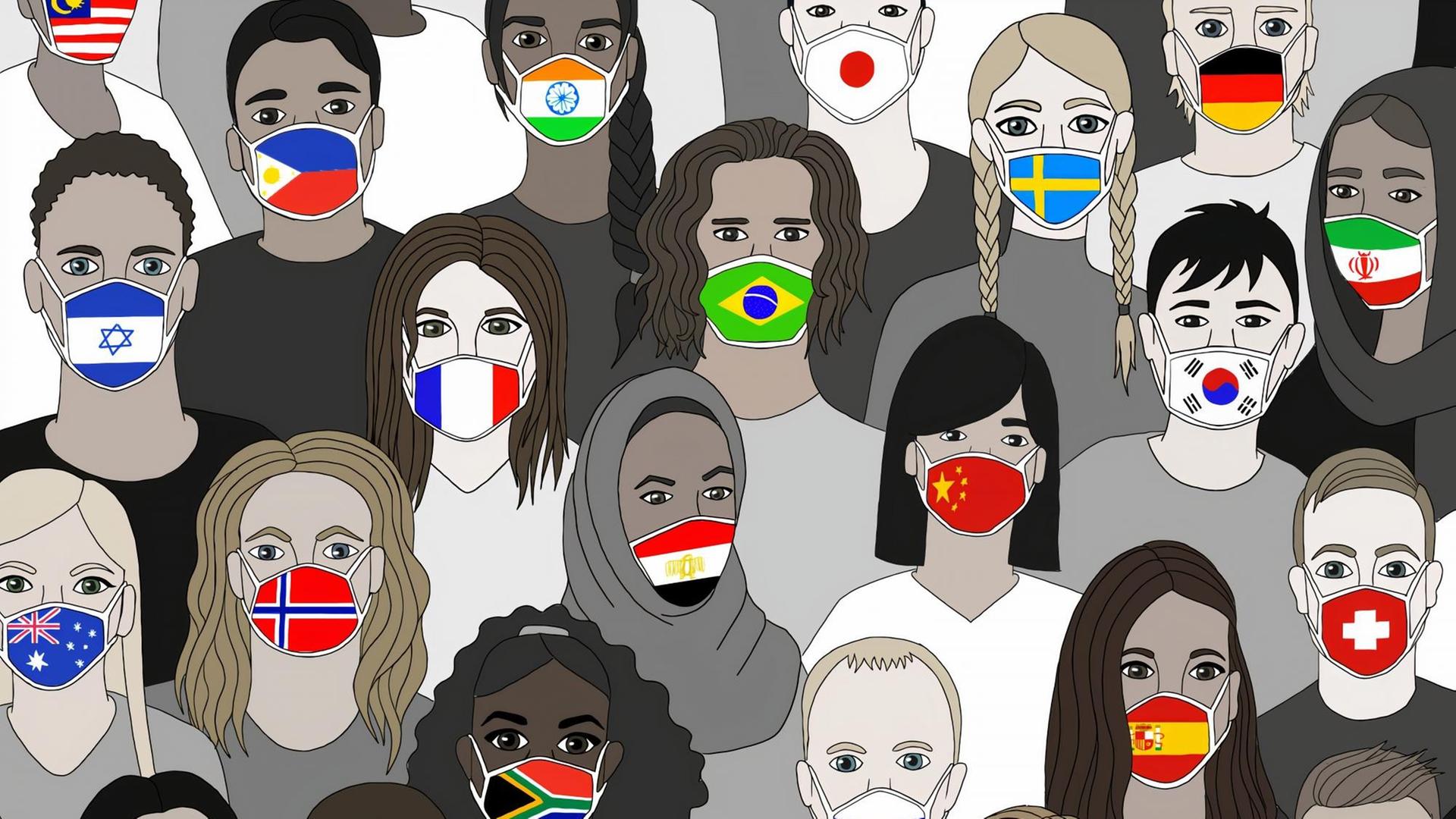 Illustration einer Menschenmenge, von der jeder einen Mund-Nasenschutz mit dem Motiv einer anderen Staatsflagge trägt. Illustration einer Menschenmenge, von der jeder einen Mund-Nasenschutz mit dem Motiv einer anderen Staatsflagge trägt.