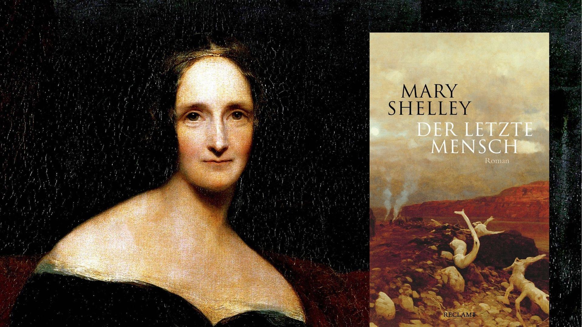 Portrait der britischen Schriftstellerin Mary Wollstonecraft Shelley (1797-1851). Gemälde von Richard Rothwell (1800-1868), um 1840. National Portrait Gallery London und Buchcover: Mary Shelley: „Der letzte Mensch“
