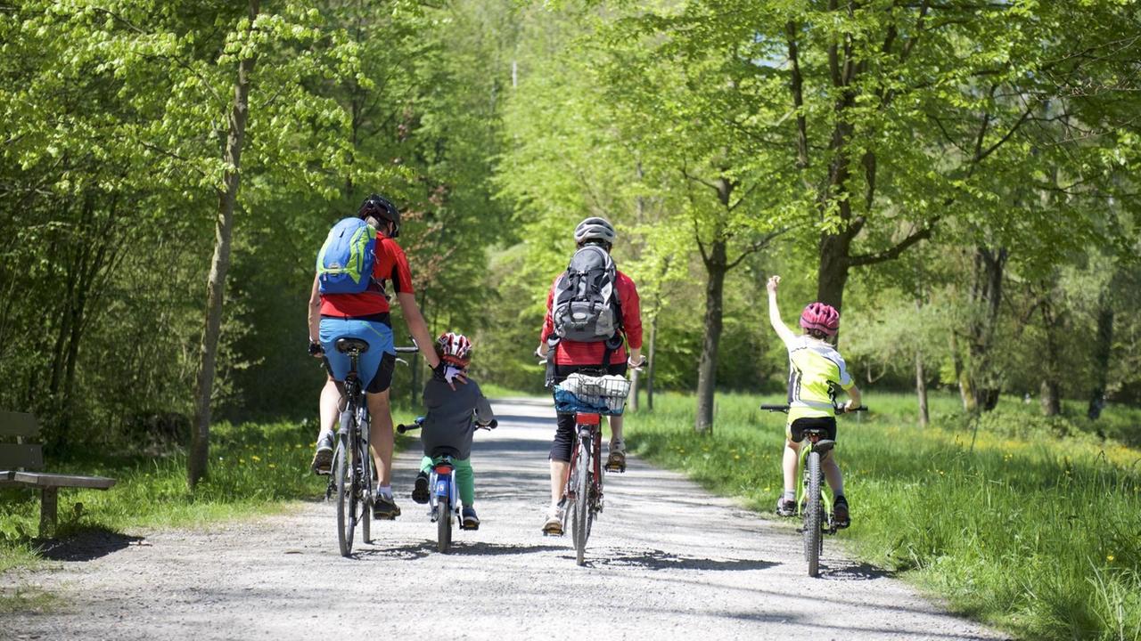 Eine vierköpfige Familie, zwei Erwachsene und zwei Kinder, macht eine Fahrradtour. Alle Personen sind in der Rückenansicht zu sehen, wie sie einen asphaltierten Weg durch den Wald entlang fahren.