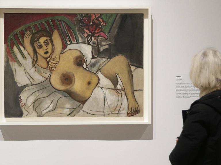 Ein Gemälde von Alice Neel: Eine schwangere Frau in einem Bett.