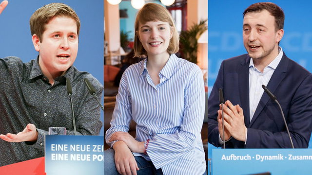 Juso-Chef Kevin Kühnert, Ria Schröder (Vorsitzende Junge Liberale) und JU-Chef Paul Ziemiak