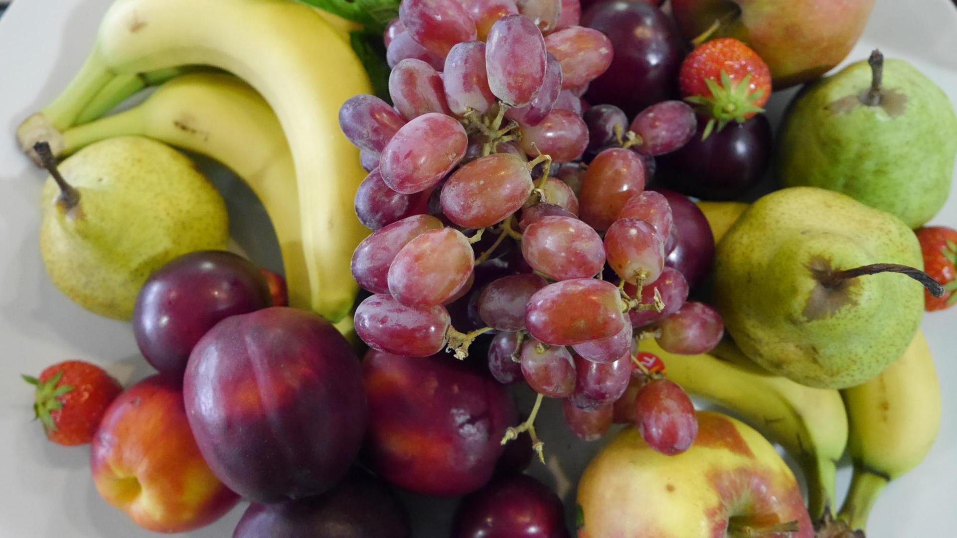 Verschiedene Sorten Obst liegen auf einem Teller. Verschiedene Sorten Obst liegen auf einem Teller.