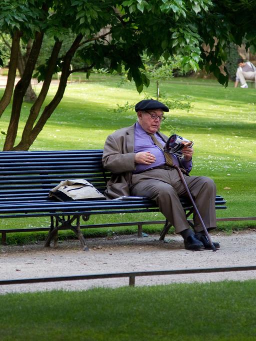 Ein älterer Mann sitzt im Juni 2011 auf einer Bank im Jardin du Luxembourg im französischen Paris und liest.