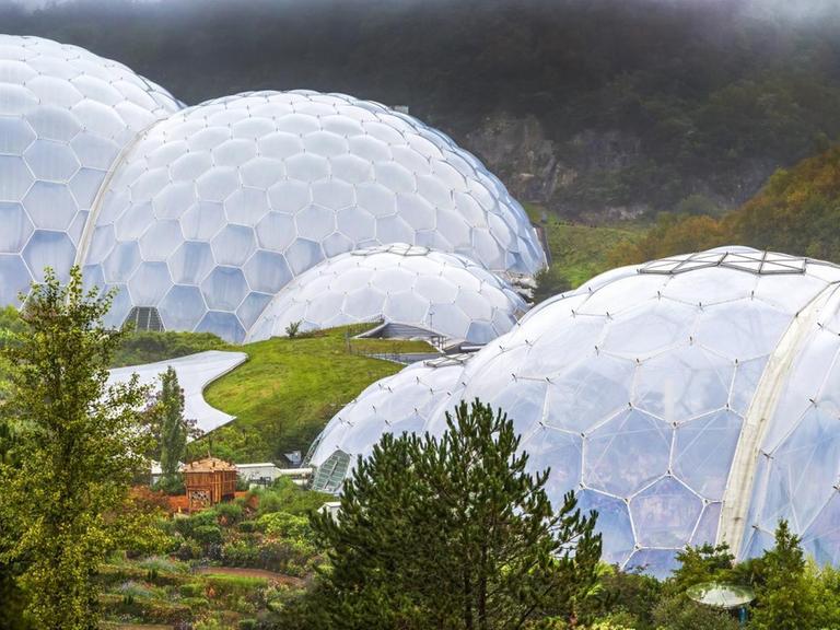 Sechs verschieden große Gewächshäuser in Form von geodätischen Kuppeln stehen inmitten einer grünen Landschaft.