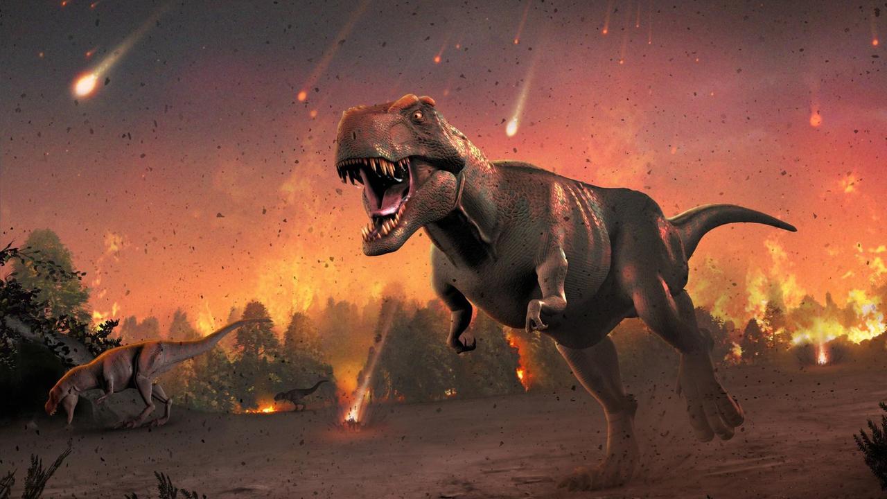 Illustration: Ein Tyrannosaurus versucht vor dem glühenden Steinregen zu fliehen, im Hintergrund brennen bereits die Wälder
