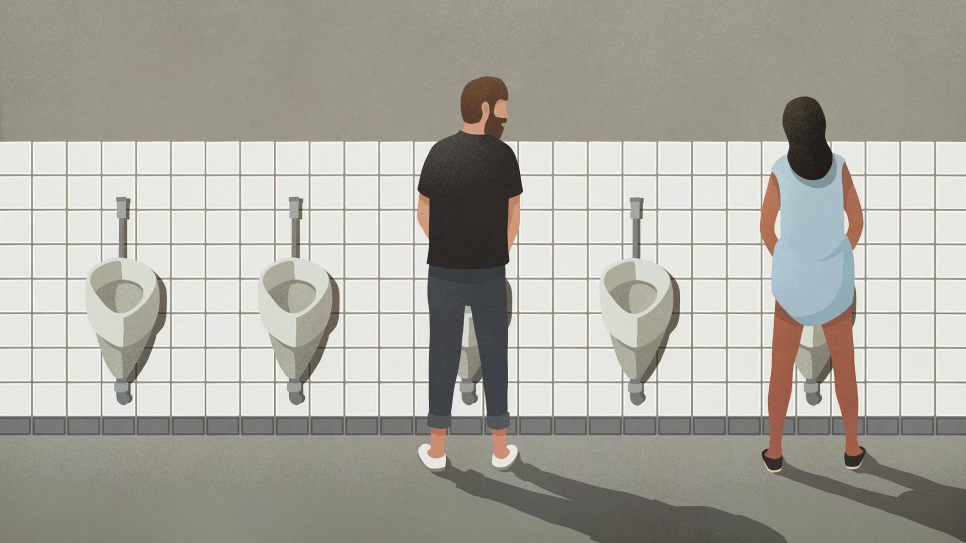 Ein Mann und eine Frau stehen vor einer Reihe Pissoirs auf einem Männerklo. Ein Mann und eine Frau stehen vor einer Reihe Pissoirs auf einem Männerklo.