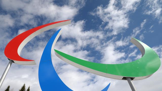Das Emblem der 11. Paralympics am 5. März 2014 vor blauweißem Himmel über dem russischen Sotschi.