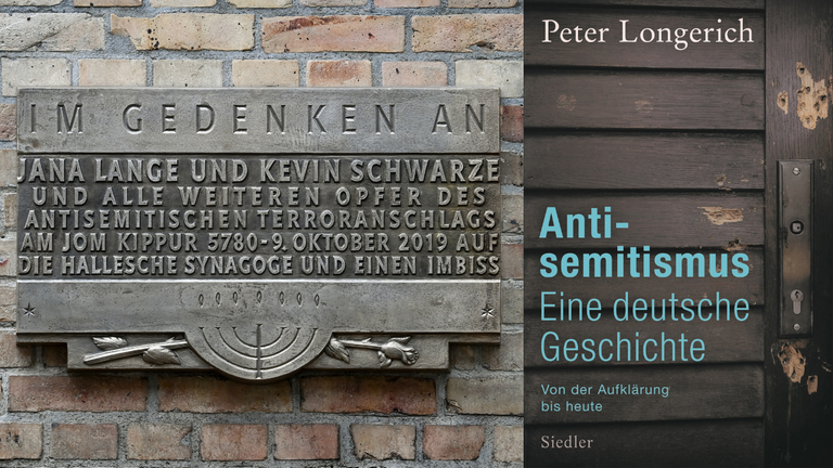 Das Buchcover von Peter Longerich: "Antisemitismus. Eine deutsche Geschichte" die Gedenktafel Anschlag Halle 2019