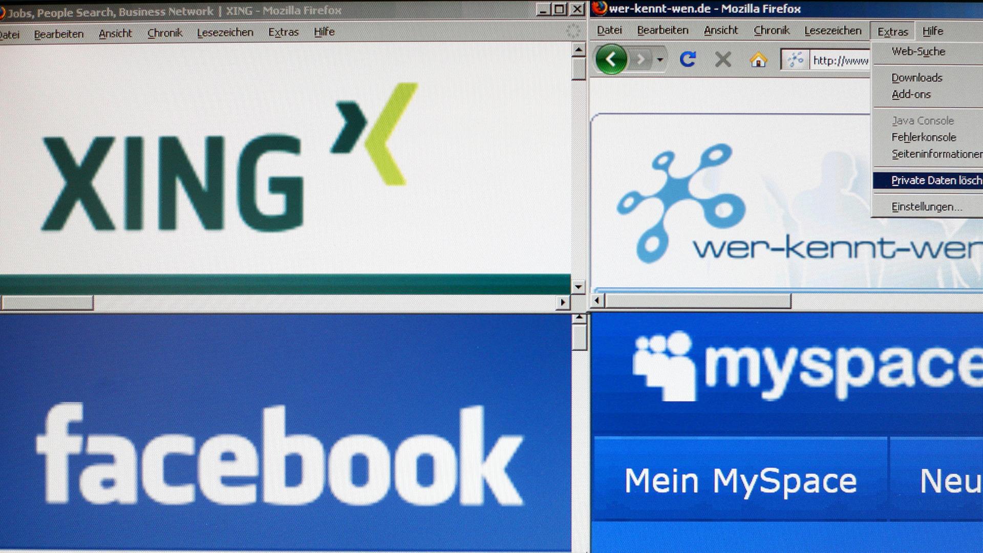 Auf einem Computermonitor sind die Logos der sozialen Internet-Netzwerke Xing, Wer-kennt-wen, Facebook, MySpace und Lokalisten zu sehen.
